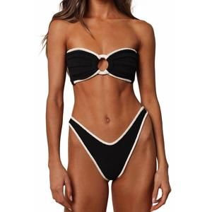 NEW MONTCE women's terry rib thong bikini bottom in black cream binded